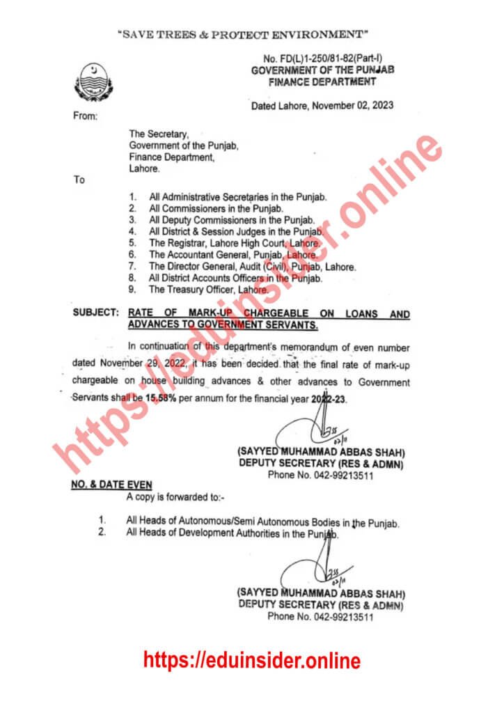 RATE OF MARK-UP CHARGEABLE ON LOAN AND ADVANCES TO GOVERNMENT SERVANTS